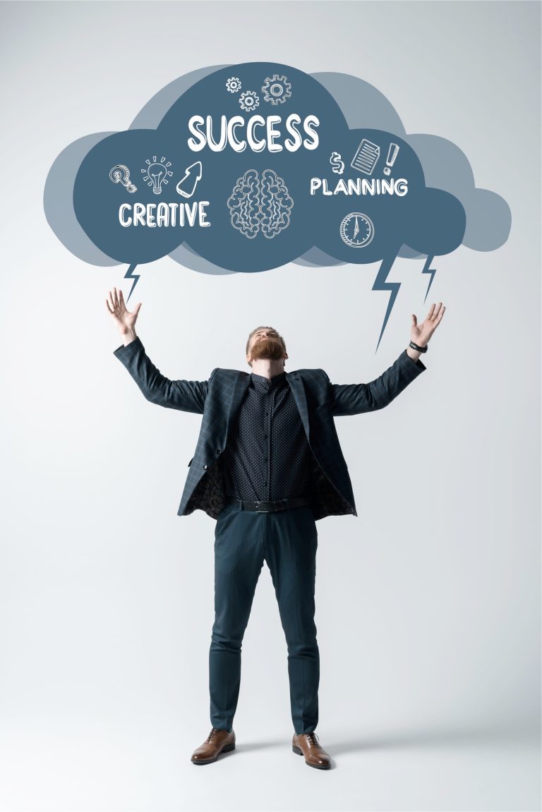 stylish bearded man in elegant suit with hands up to overcast cloud with lightnings